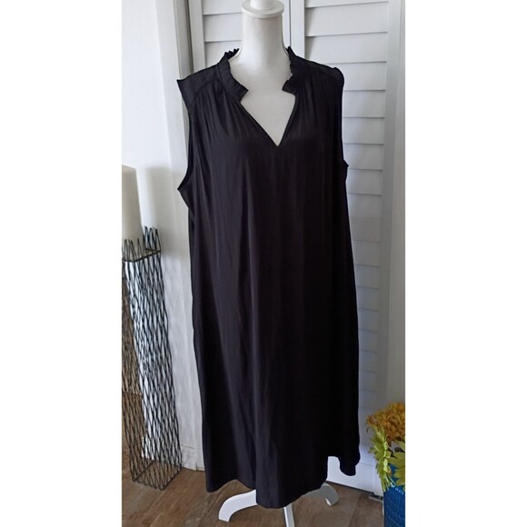 Chico's modern peasant black sleeveless midi dress smocked shoulder V Neck XL/20 - Picture 3 of 10